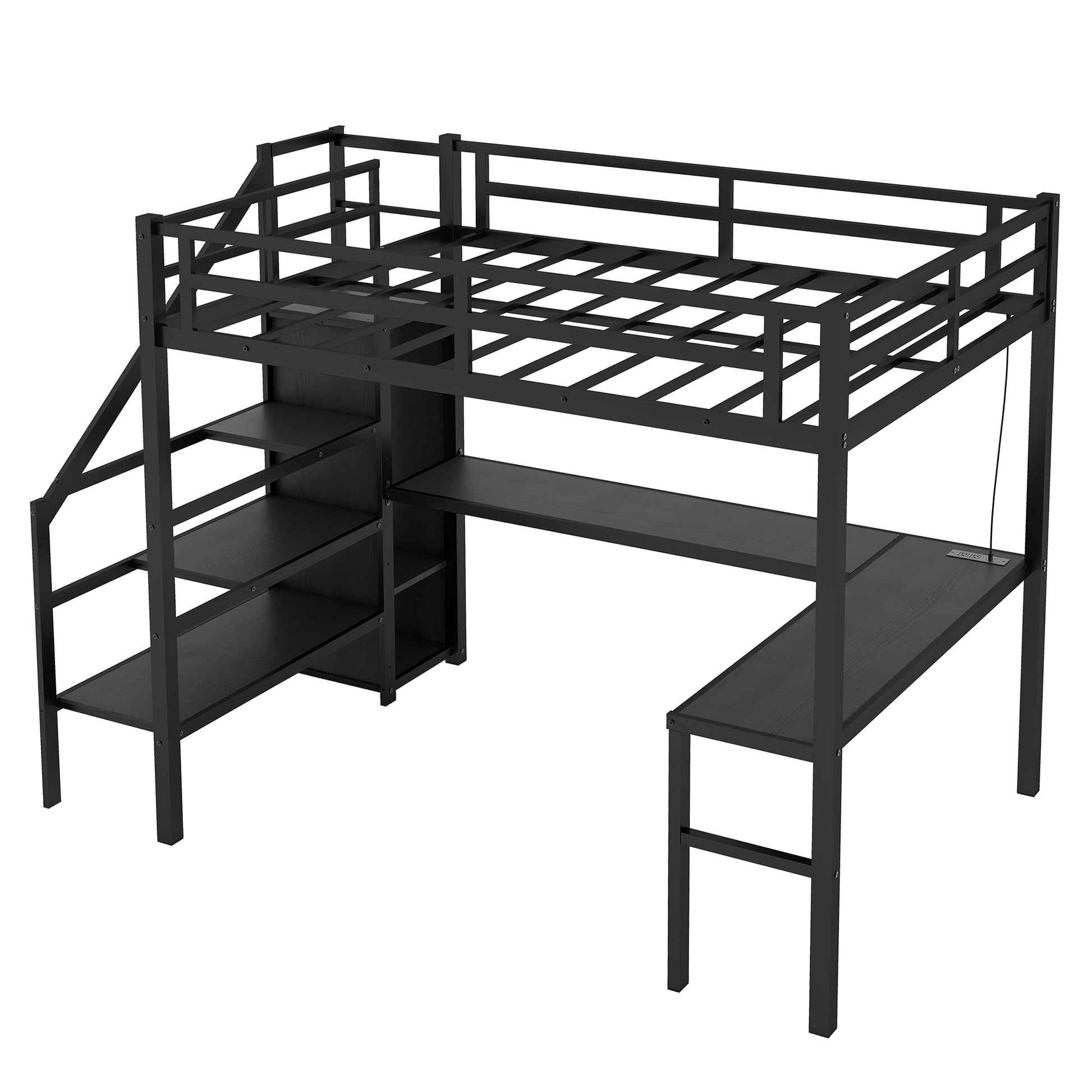 Full Size Loft Bed With L Shaped Desk And Usb, Metal Loft Bed With Wardrobe And Adjustable Shelf, High Loft Bed With Led For Kids Teens Adults, Black Black Metal