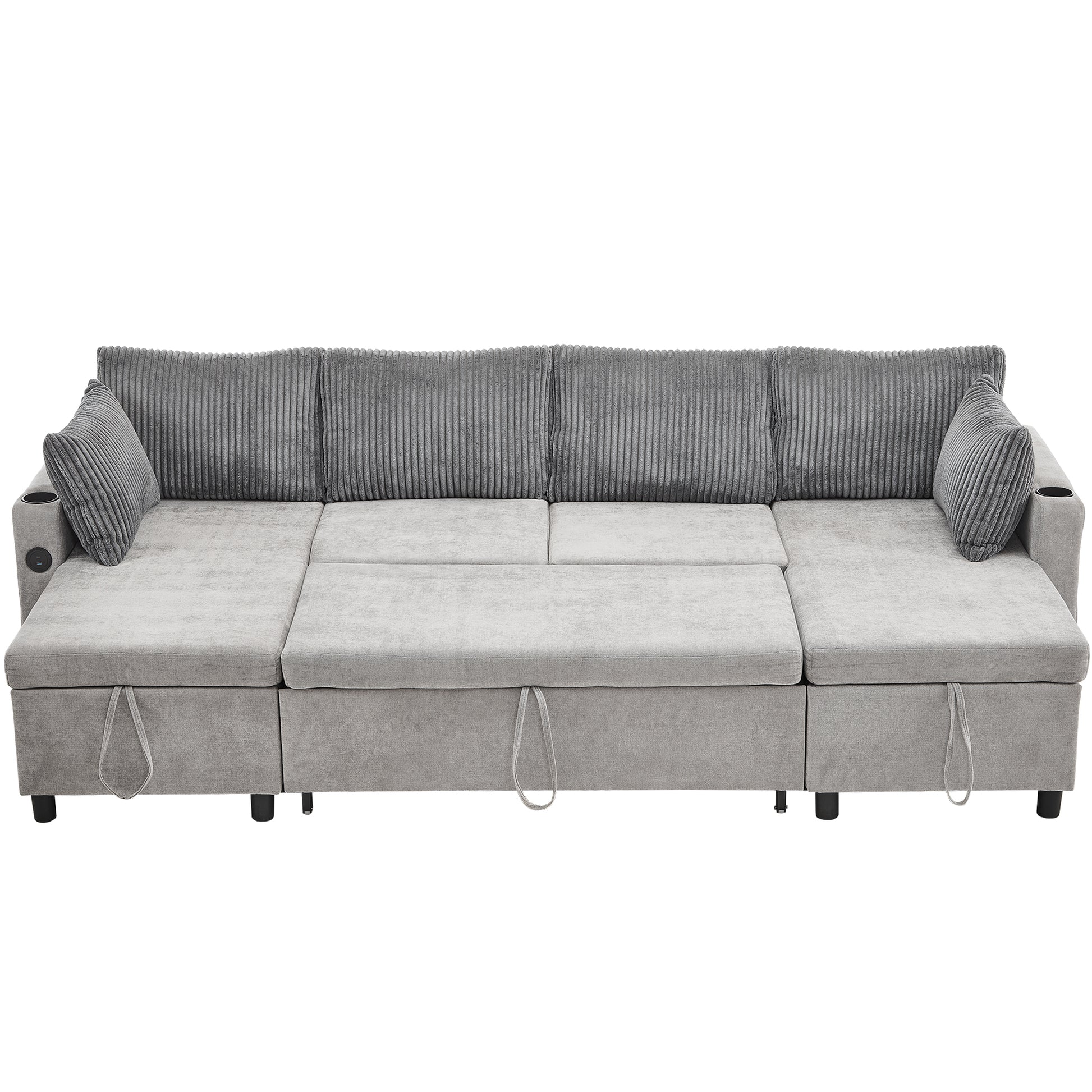 111.8" Sectional Sofa Pull Out Sofa Bed Versatile Sofa Sleeper With Large Storage Space, Two Usb Ports And Two Cup Holders For Living Room, Grey Grey Foam Chenille 4 Seat