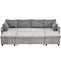 111.8" Sectional Sofa Pull Out Sofa Bed Versatile Sofa Sleeper With Large Storage Space, Two Usb Ports And Two Cup Holders For Living Room, Grey Grey Foam Chenille 4 Seat