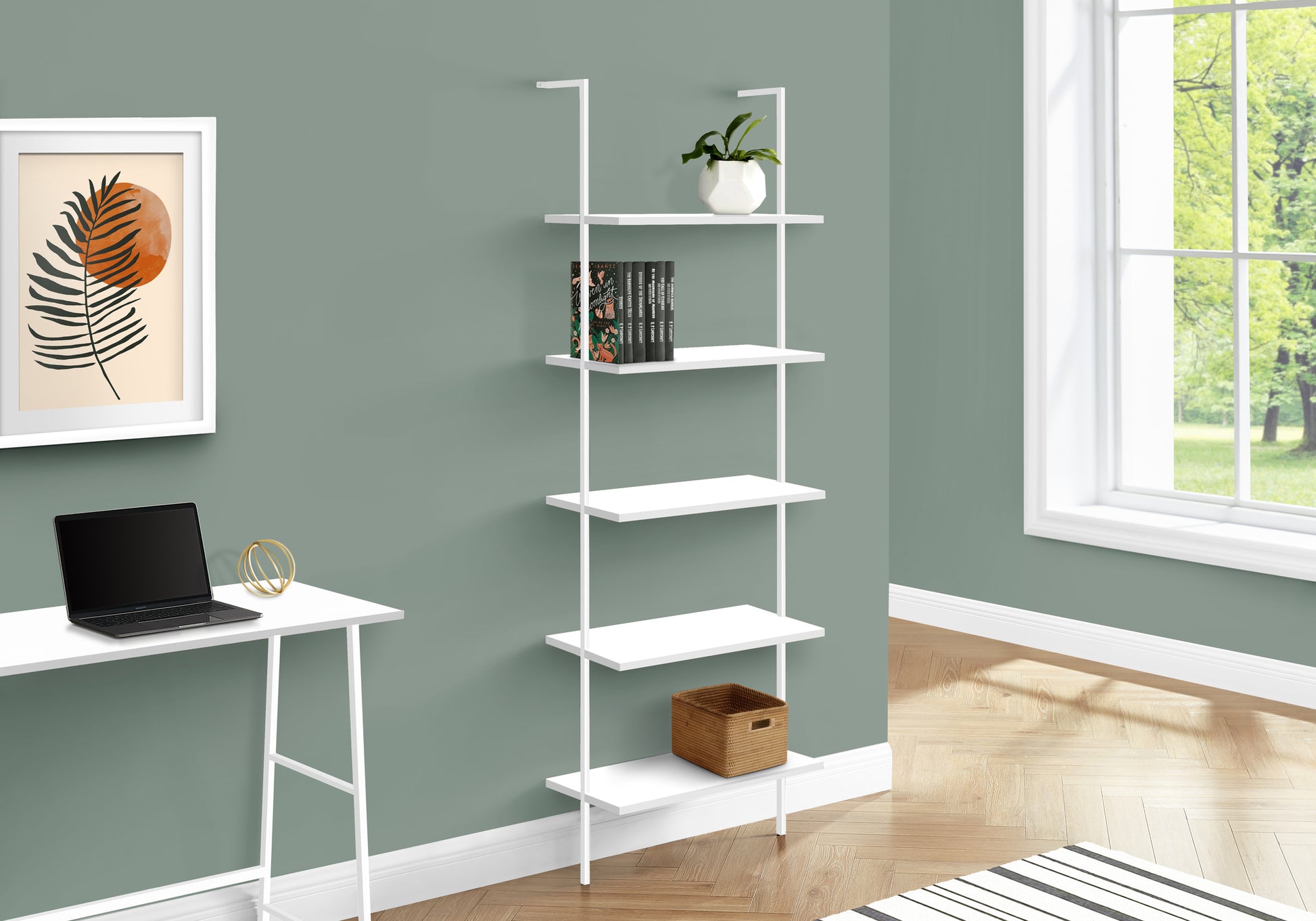 Bookshelf, Bookcase, Etagere, Ladder, 5 Tier, 72"H, Office, Bedroom, White Laminate, White Metal, Contemporary, Modern White Metal