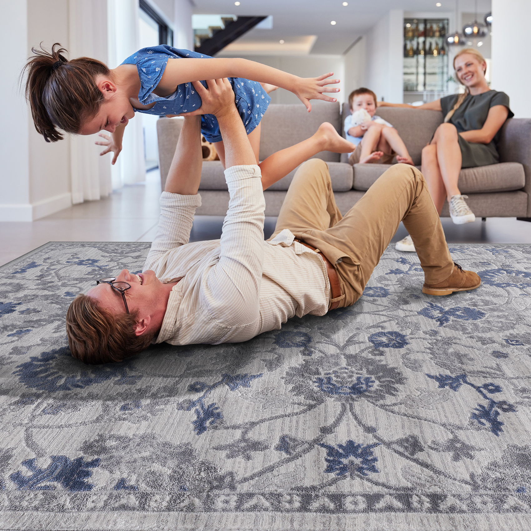 6X9 Blue Silver Oriental Non Shedding Living Room Bedroom Dining Home Office Stylish And Stain Resistant Area Rug Blue Polyester