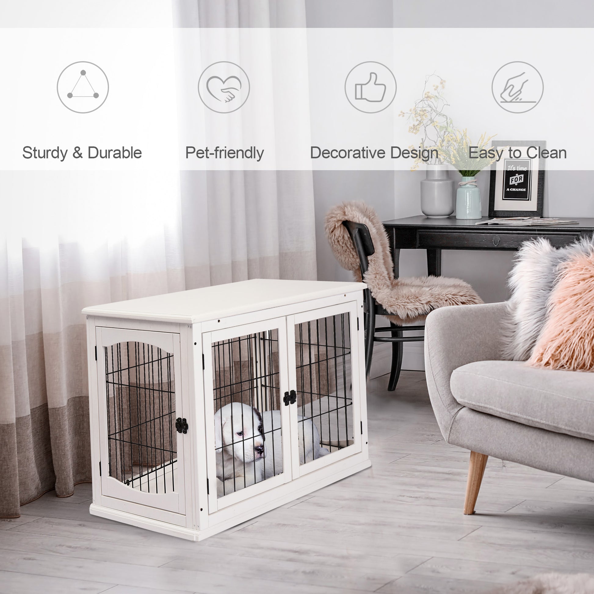 Pawhut Dog Crate Furniture, Small Dog Cage End Table With Two Opening Sides, Lockable Door, Puppy Kennel Indoor, Cute And Decorative, Pure White White Mdf