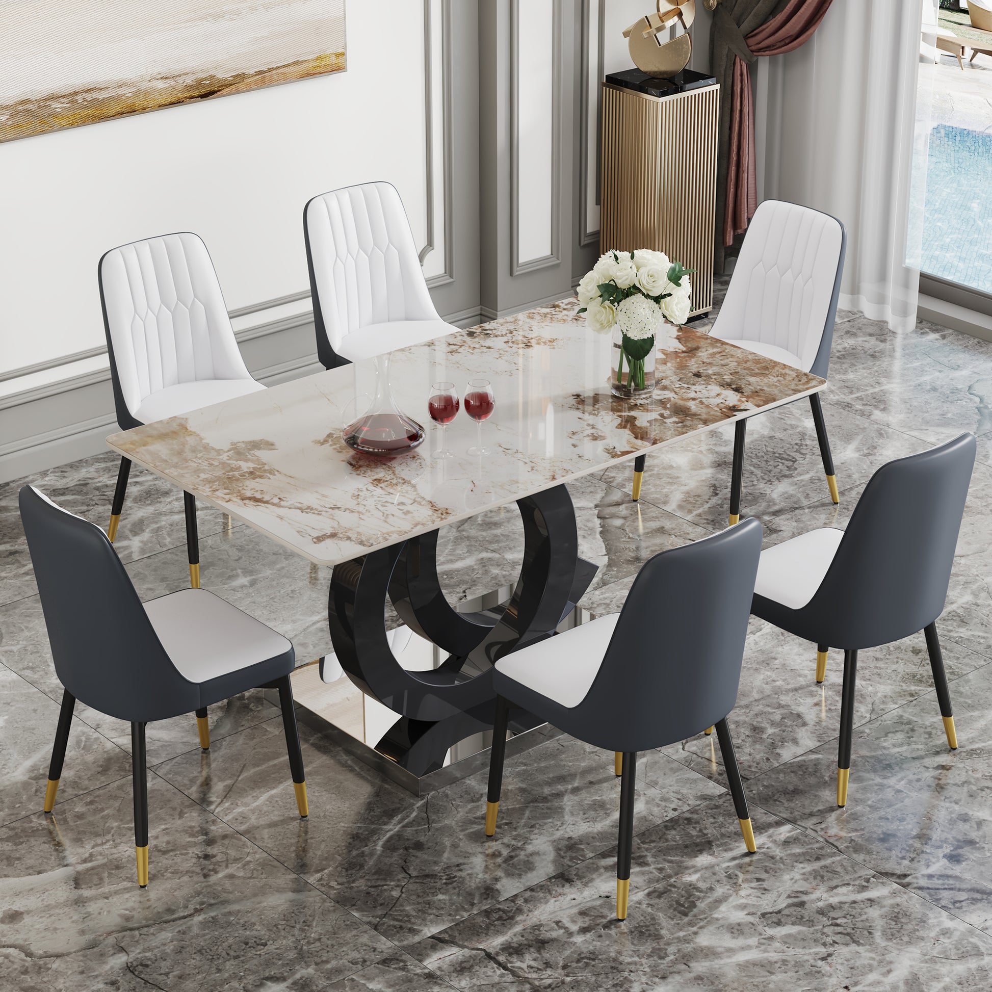 Table And Chair Set.63"X31.5" Marble Pattern Sintered Stone Table With Mdf Oc Shaped Bracket.Paired With 6 White And Dark Gray Spliced Chairs With Pu Cushions And Black Metal Legs. Dark Gray,White