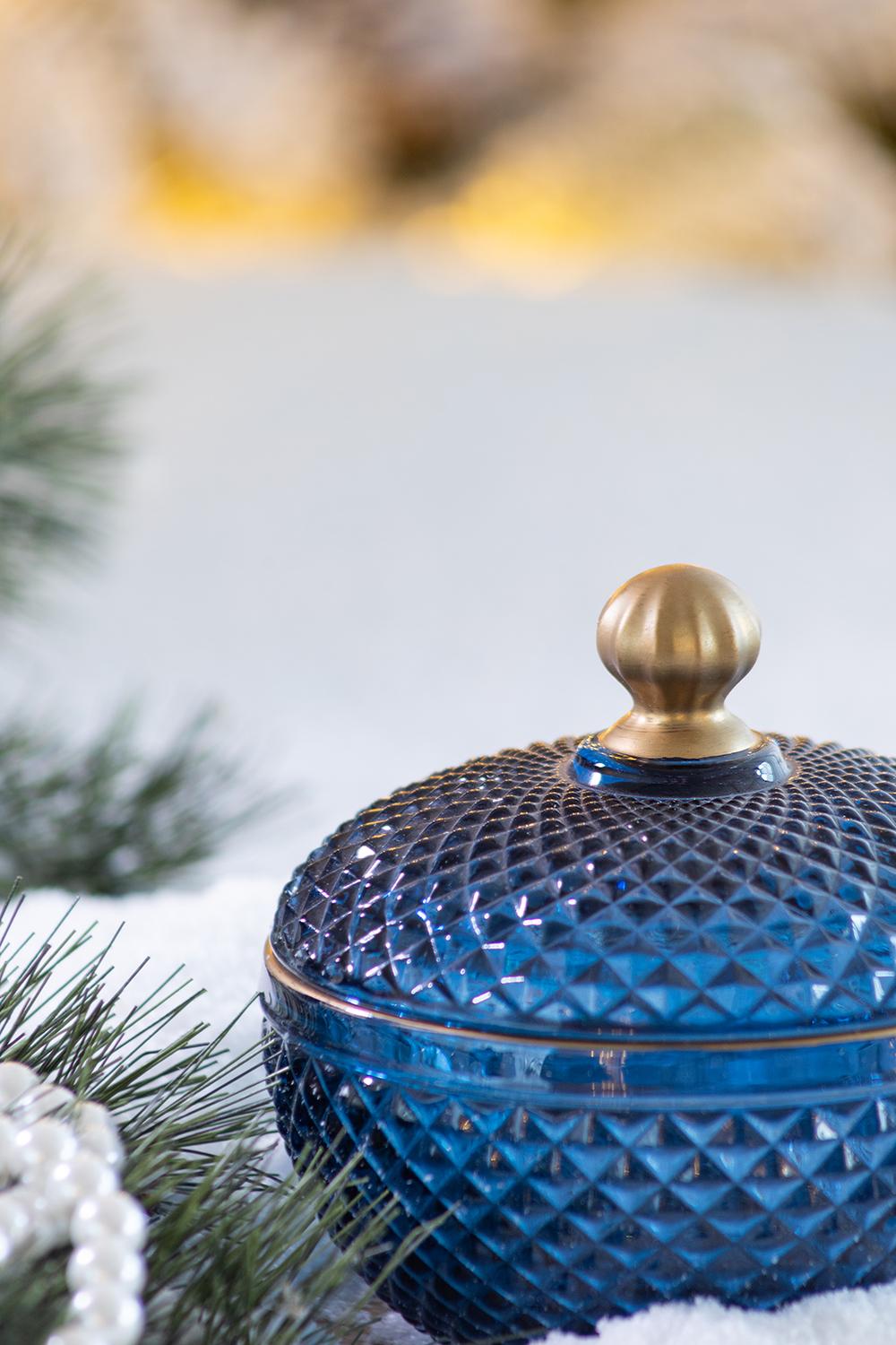 S 2 Glass Candy Jar With Lid, Christmas Candy Jar Containers, Blue Gold Blue Glass