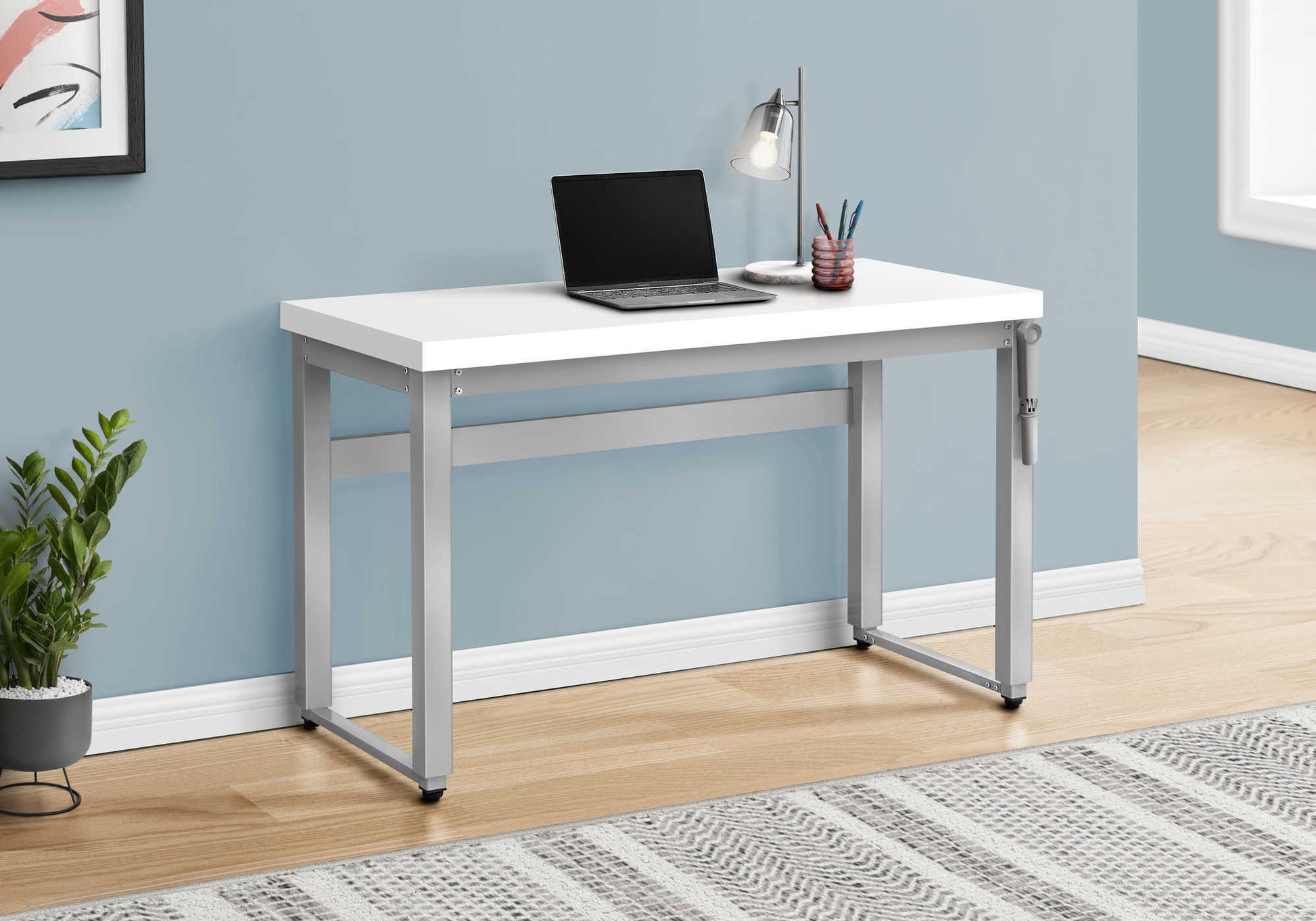 Computer Desk, Home Office, Standing, Adjustable, 48"L, Work, Laptop, White Laminate, Grey Metal, Contemporary, Modern White Particle Board