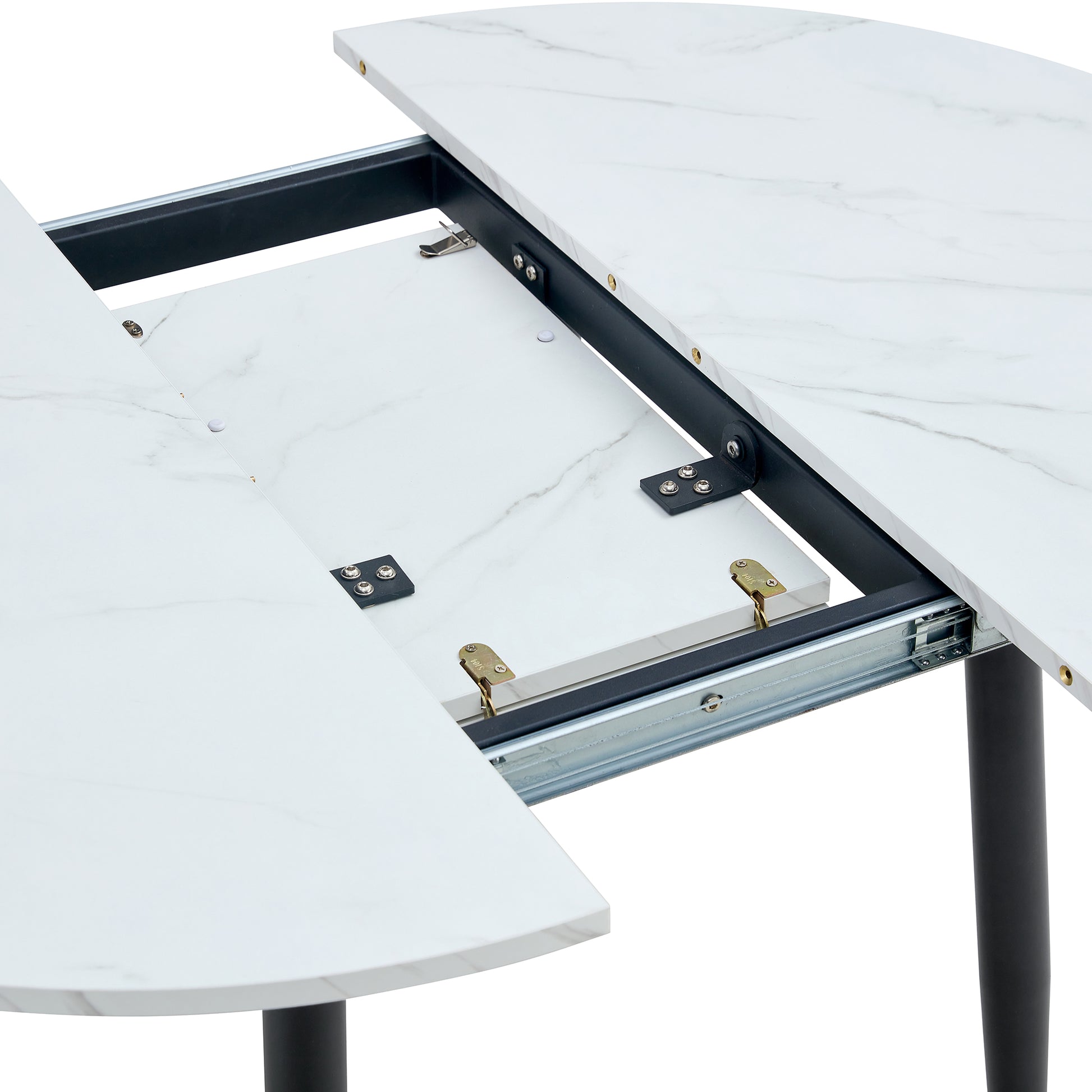 With A Clever Retractable Mechanism, The Mdf Table Top Is Made Of Black Metal Legs And Has A Smooth And Delicate Surface. The Unique Look Creates The Sleekof A Modern Home. White Mdf Metal