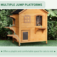 Pawhut 2 Story Cat House Outdoor, Weatherproof Wooden Cat Enclosure For Feral Cats With Escape Door, Openable Roof, Jumping Platforms, Natural Natural Wood Wood