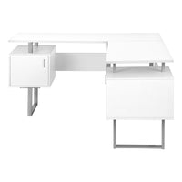 Computer Desk, Home Office, Corner, Storage, 58"L, L Shape, Work, Laptop, White Laminate, Grey Metal, Contemporary, Modern White Particle Board