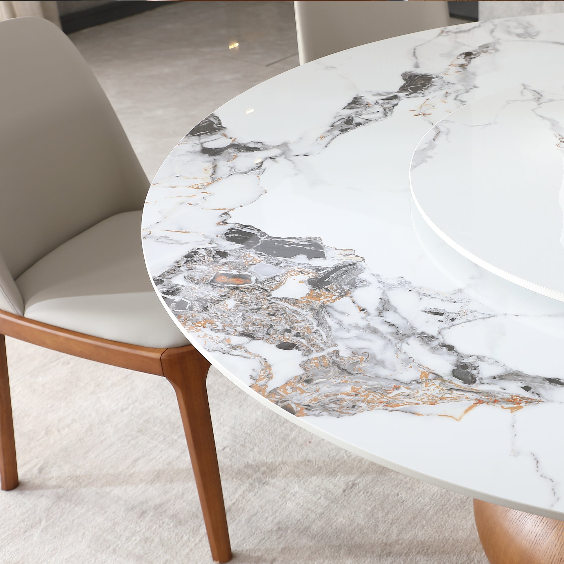 Modern Marble Dining Table, 59" Round Sintered Stone Table For Dining Room, Kitchen, Dinette, Compact Space With Lazy Susan 6 Chairs Walnut,White Dining Room American Design,Luxury,Modern Oak Round