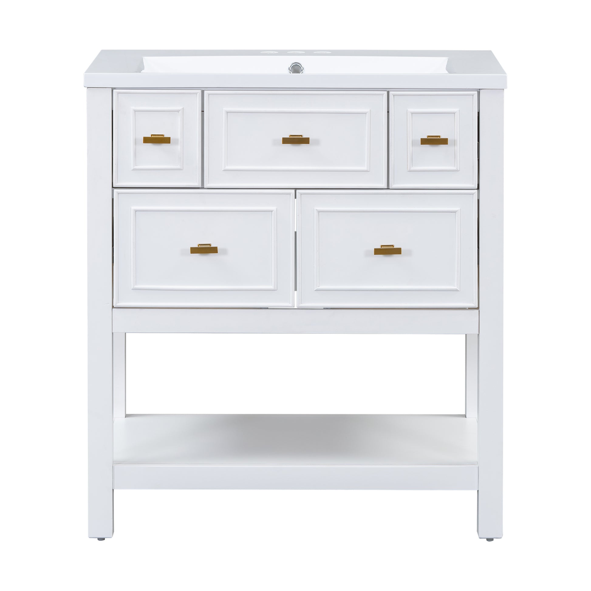 30'' Bathroom Vanity With Resin Sink Combo, Free Standing Single Vanity Set With 5 Drawers, Solid Wood Frame Bathroom Storage Cabinet, White 4 White 1 Bathroom Freestanding Modern Solid Wood Mdf Resin Painted