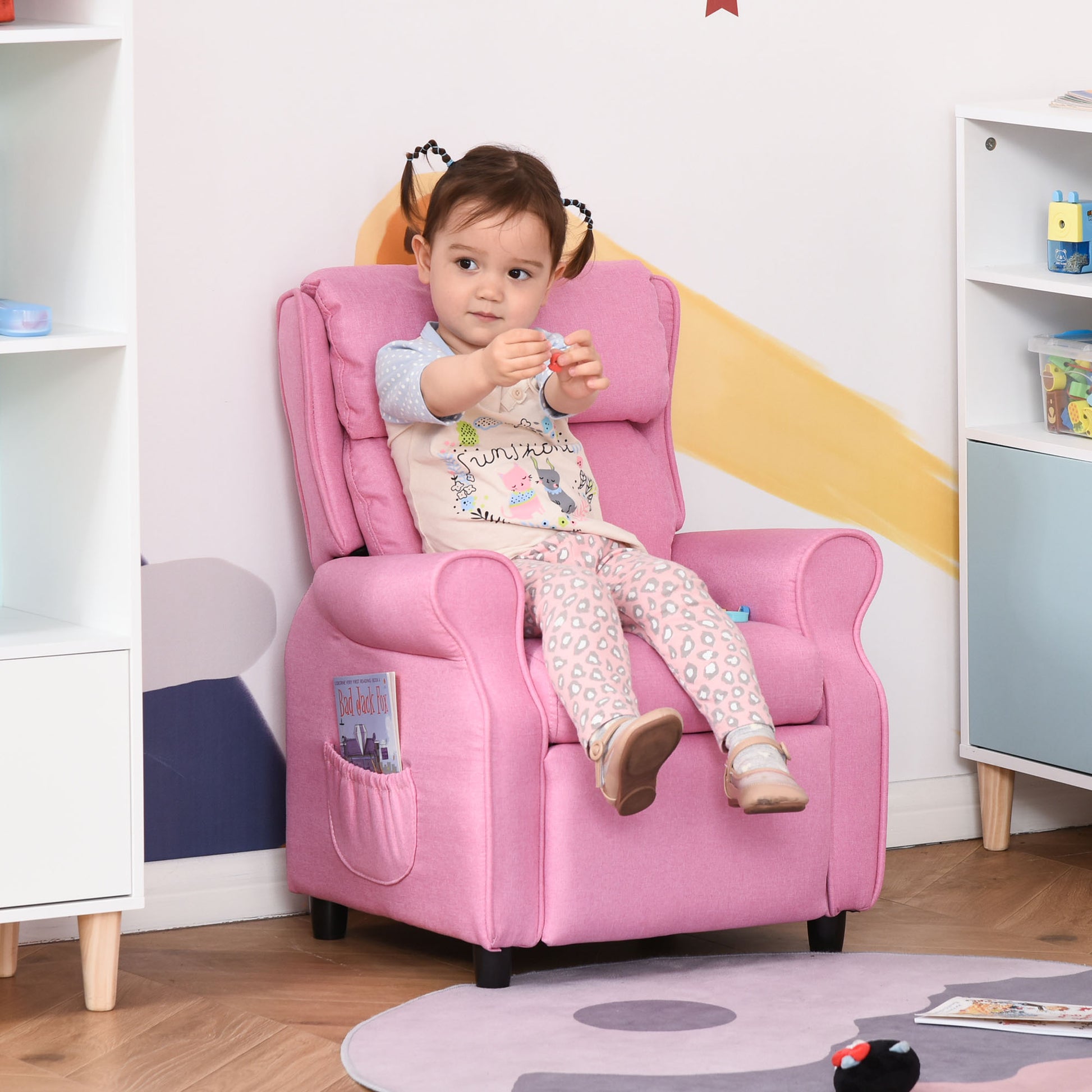 Qaba Kids Recliner Chair Children Sofa Angle Adjustable Single Lounger Armchair Gaming Chair With Footrest 2 Side Pockets For 3 5 Years, Light Pink Pink Wood