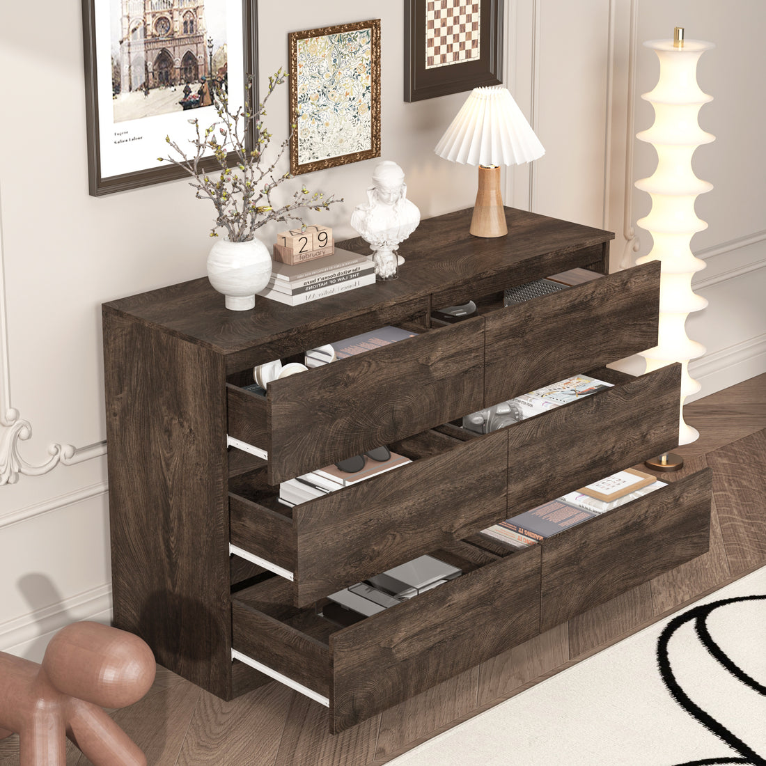 Drawer Dresser Cabinet, Sideboard, Bar Counter, Buffet Counter, Table Lockers, Three Plus Three Drawers Audit, Can Be Used For Dining Room, Living Room, Bedroom, Kitchen Corridor, Color: Dark Gray
