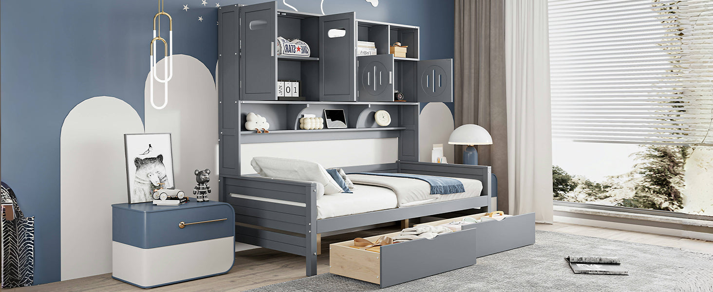 Twin Size Wooden Daybed With 2 Drawers, And All In One Cabinet And Shelf, Gray Twin Gray Wood