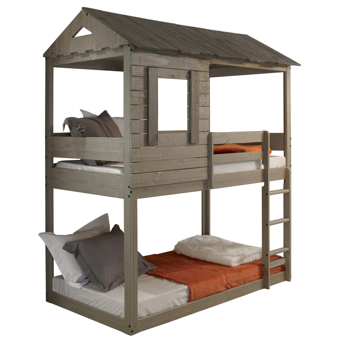 Rustic Grey Twin Over Twin Bunk Bed With Built In Ladder Grey Gray Wood