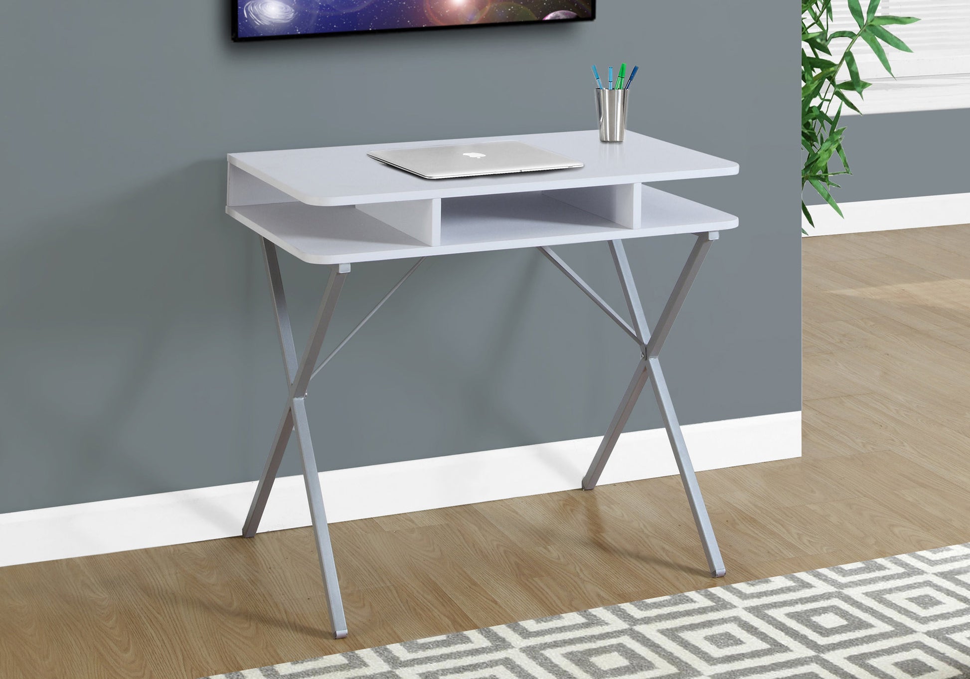 Computer Desk, Home Office, Laptop, Storage Shelves, 31"L, Work, White Laminate, Grey Metal, Contemporary, Modern White Mdf