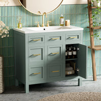 36" Bathroom Vanity Cabinet With Resin Integrated Sink 4 Drawers, 2 Doors Green Bathroom Solid Wood Mdf Resin