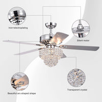 52 Inch Crystal Ceiling Fan Lamp With Remote Control 3 Speed High, Mid, Low , 5 Reversible Blades For Living Room, Dining Room, Bedroom, Family Room, Chrome ,3Pcs*E12 No Include Bulb Chrome American Traditional,Antique,Classic,Contemporary Plywood Metal