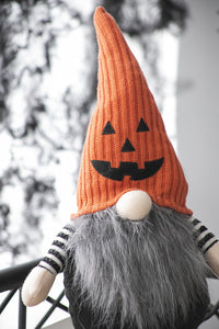 8.3X4.7X23.5" Fabric Sitting Gnome With Orange Knit Hat, For Halloween Decor Black,Orange,White Polyester