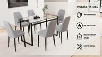 51" 6 Person Glass Dining Table Set, Kitchen Set With Black Metal Leg Dining Table And Chairs, Modern Rectangular Tempered Glass Tabletop And Dining Room Thick Cushioned Pu Dining Chair Black Gray