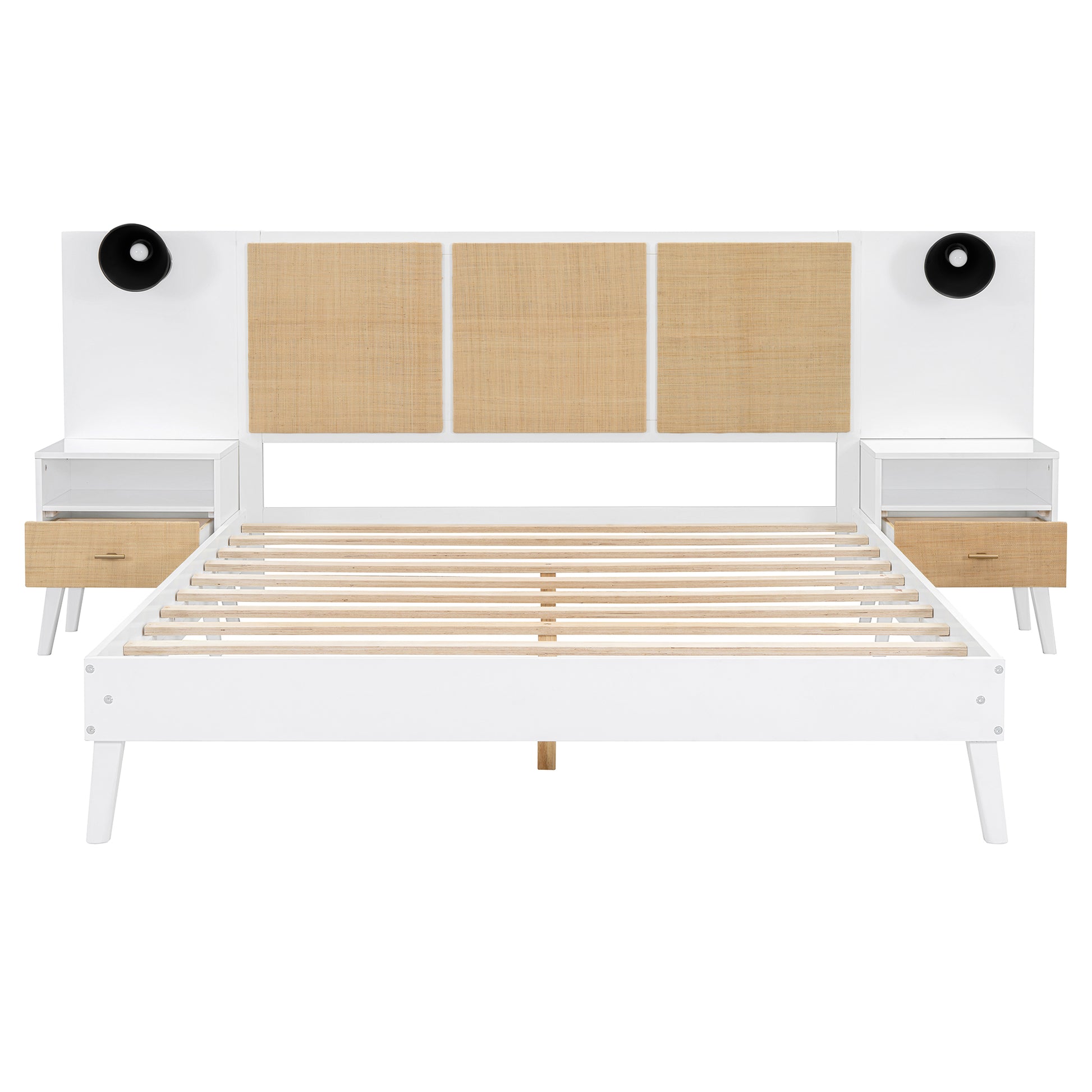 Queen Size Solid Wood Bed Frame With 2 Nightstands, Elegant Design With Lamps, Rattan And Wood Combination,White Queen White Wood