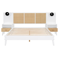 Queen Size Solid Wood Bed Frame With 2 Nightstands, Elegant Design With Lamps, Rattan And Wood Combination,White Queen White Wood