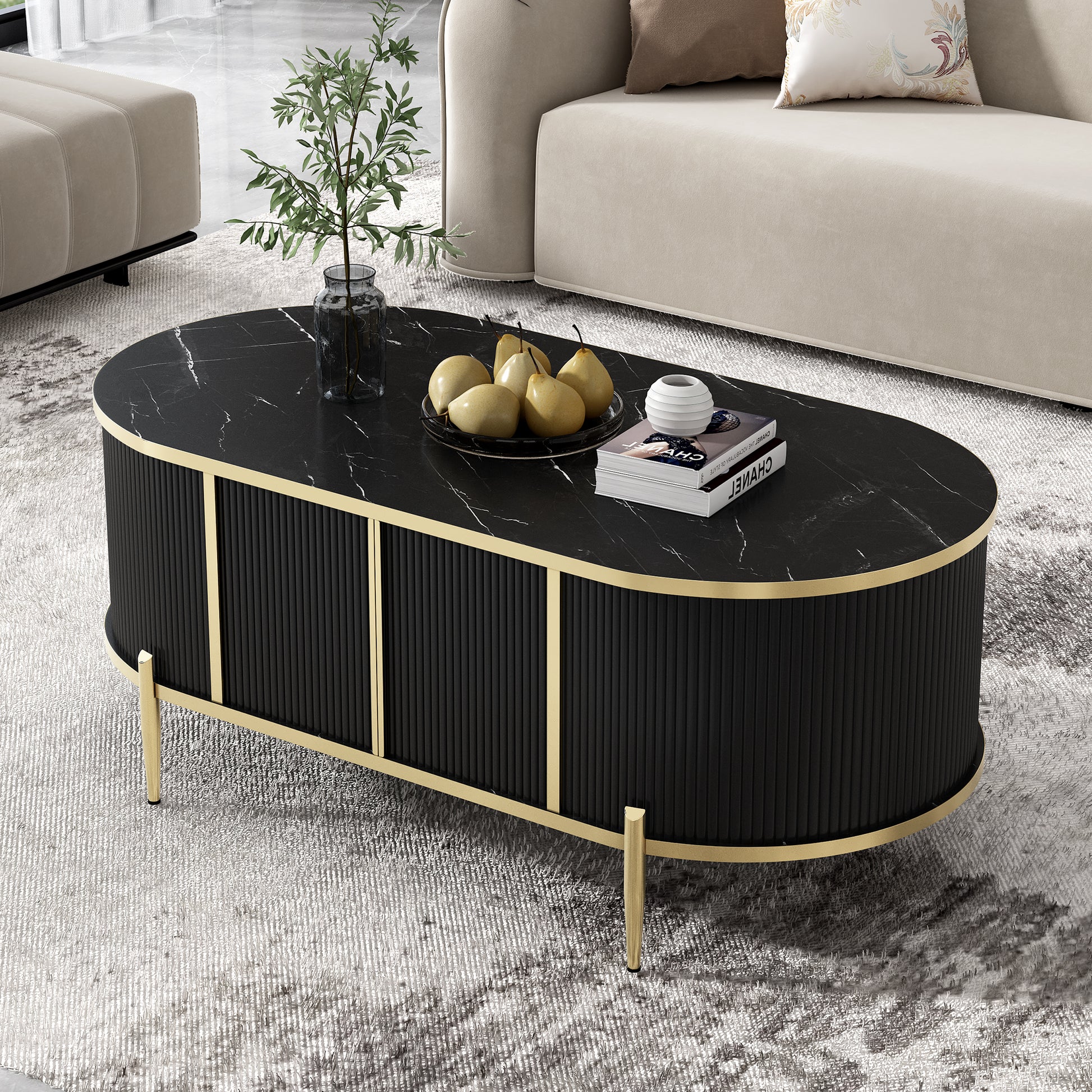 Modern Luxury Oval Shaped Fluted Coffee Table, Marble Patterned Top Coffee Table With 2 Cabinets, Metal Legs And Handles For Living Room, Black Date Of Expected Arrival: 11.20 Black Mdf