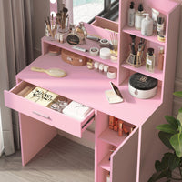 Vanity Desk With Mirror & Light, Large Drawer Three Level Storage Dresser, 3 Lighting Modes Adjustable Brightness, Bedroom Dressing Table Pink Pink Particle Board