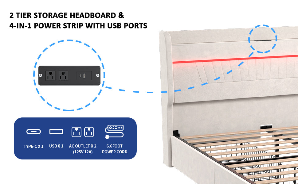 Queen Bed Frame With Storage Upholstered Headboard And 4 Drawers, Velvet Upholstered Platform Bed With Led Lights & Charging Station, Stable & Easy Assembly, No Box Spring Needed, Beige Box Spring