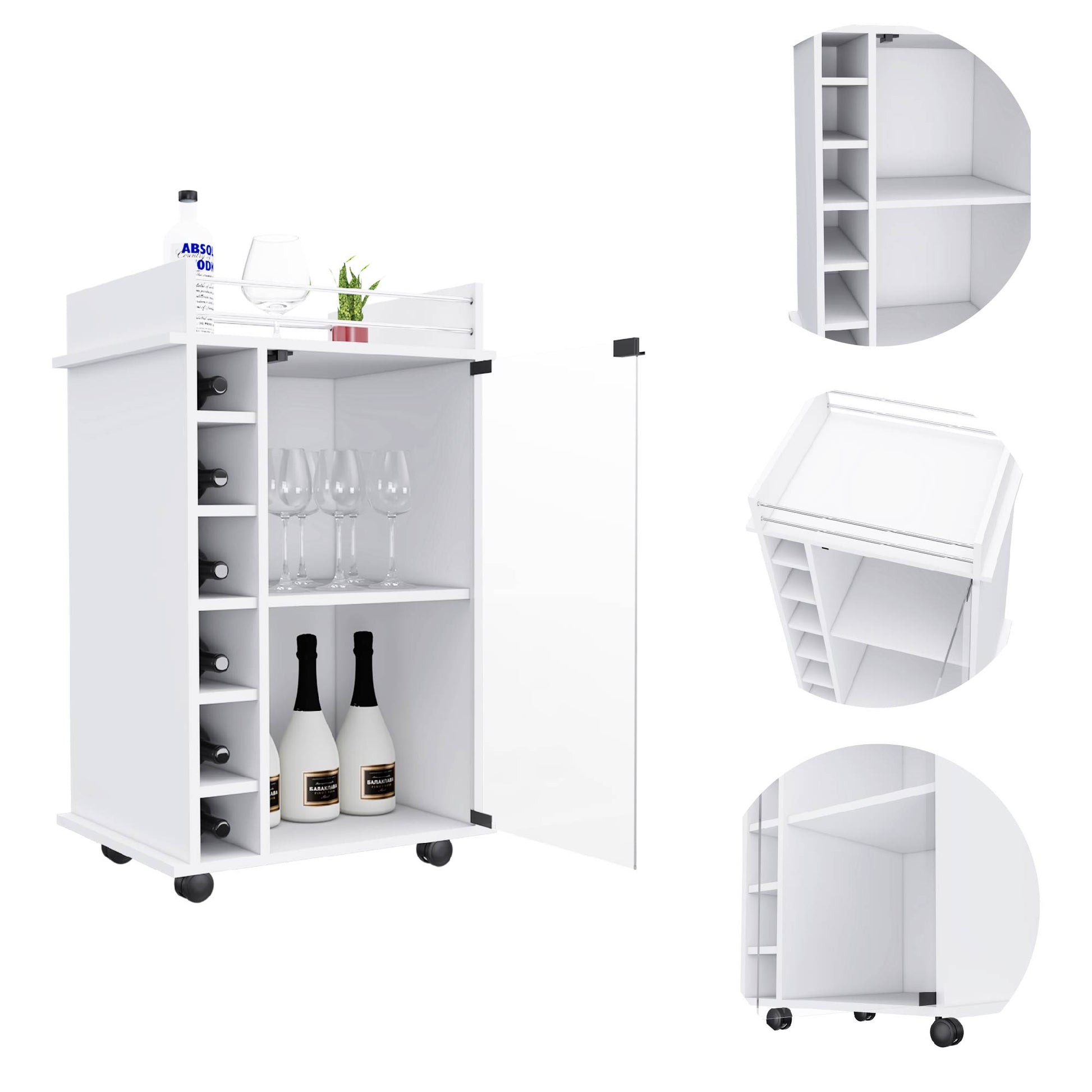 32" H White Bar Coffee Cart, Kitchen Or Living Room Cabinet Storage With With 4 Wheels, With 6 Bottle Racks, A Central Shelf Covered By 1 Glass Door, 1 Support Surface With Aluminum Front. White