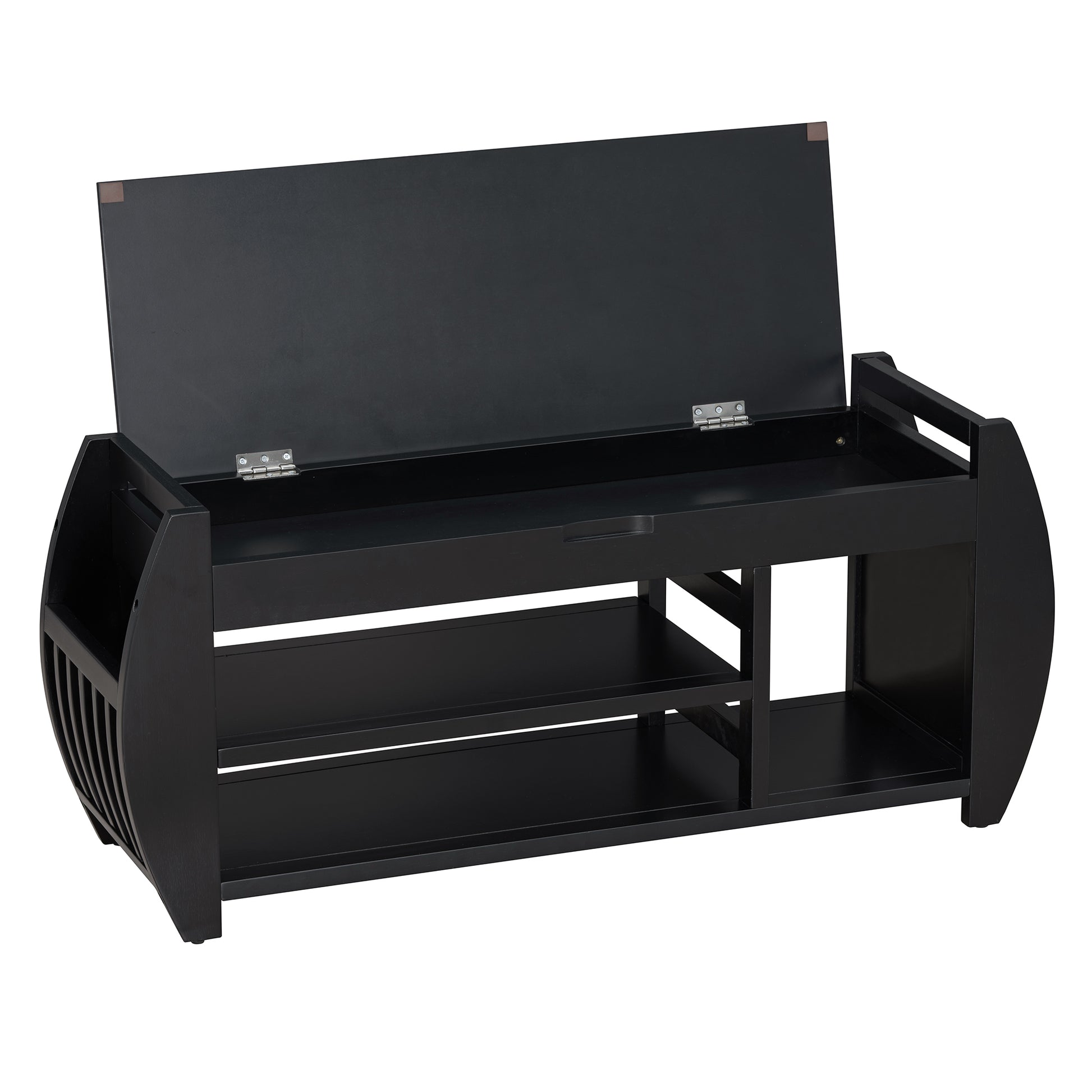 Retro Multifunctional Storage Bench With Cushion And Curved Side Panel For Entrance And Living Room Black Black Mdf