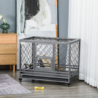 Pawhut Heavy Duty Dog Crate Metal Kennel And Cage Dog Playpen With Lockable Wheels, Slide Out Tray, Food Bowl And Double Doors, 36.5"L Black Steel