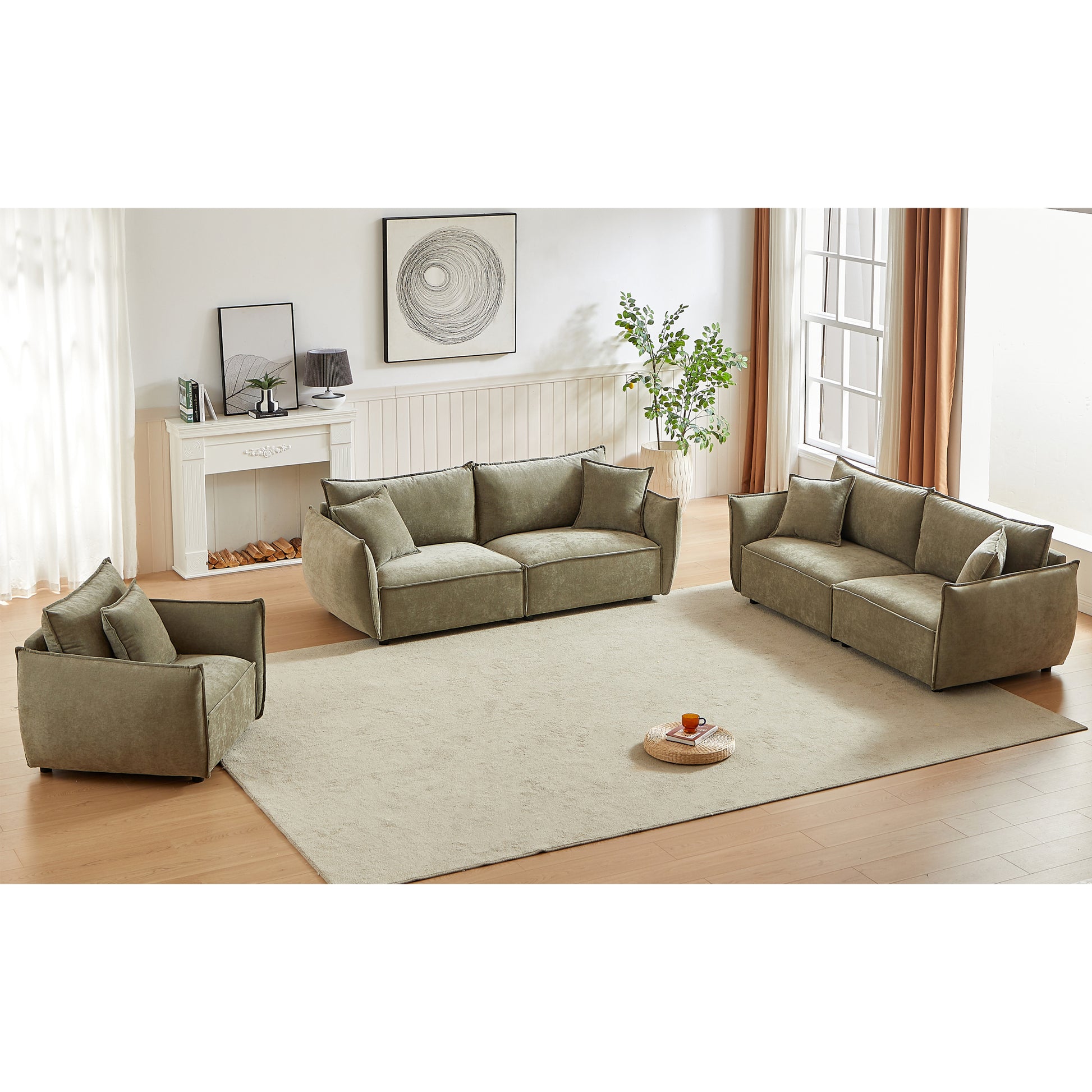 3 Seater 3 Seater 1 Seater Combo Sofa Modern Living Room Sofa, Linen Fabric Sofa, Wooden Frame With 5 Pillows, Apartment Sofa Furniture Light Green Linen Wood Primary Living Space Pine Foam Fabric 7 Seat