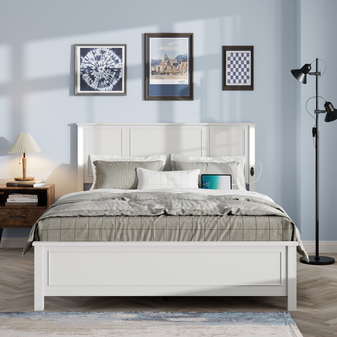 Queen Size Bed Frame, Platform Bed Frame With Wood Headboard And Footboard,Charging Station And Led Lights, 12 Wood Slats Support, No Box Spring Neededantique White Box Spring Not Required Queen