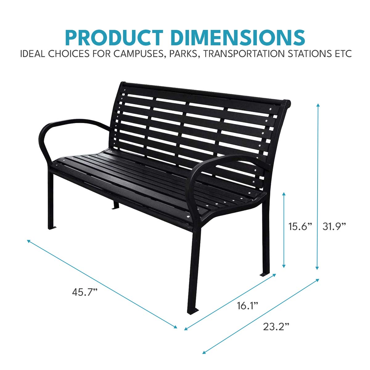 45.7In. Patio Bench Black Steel And Wpc Black Steel