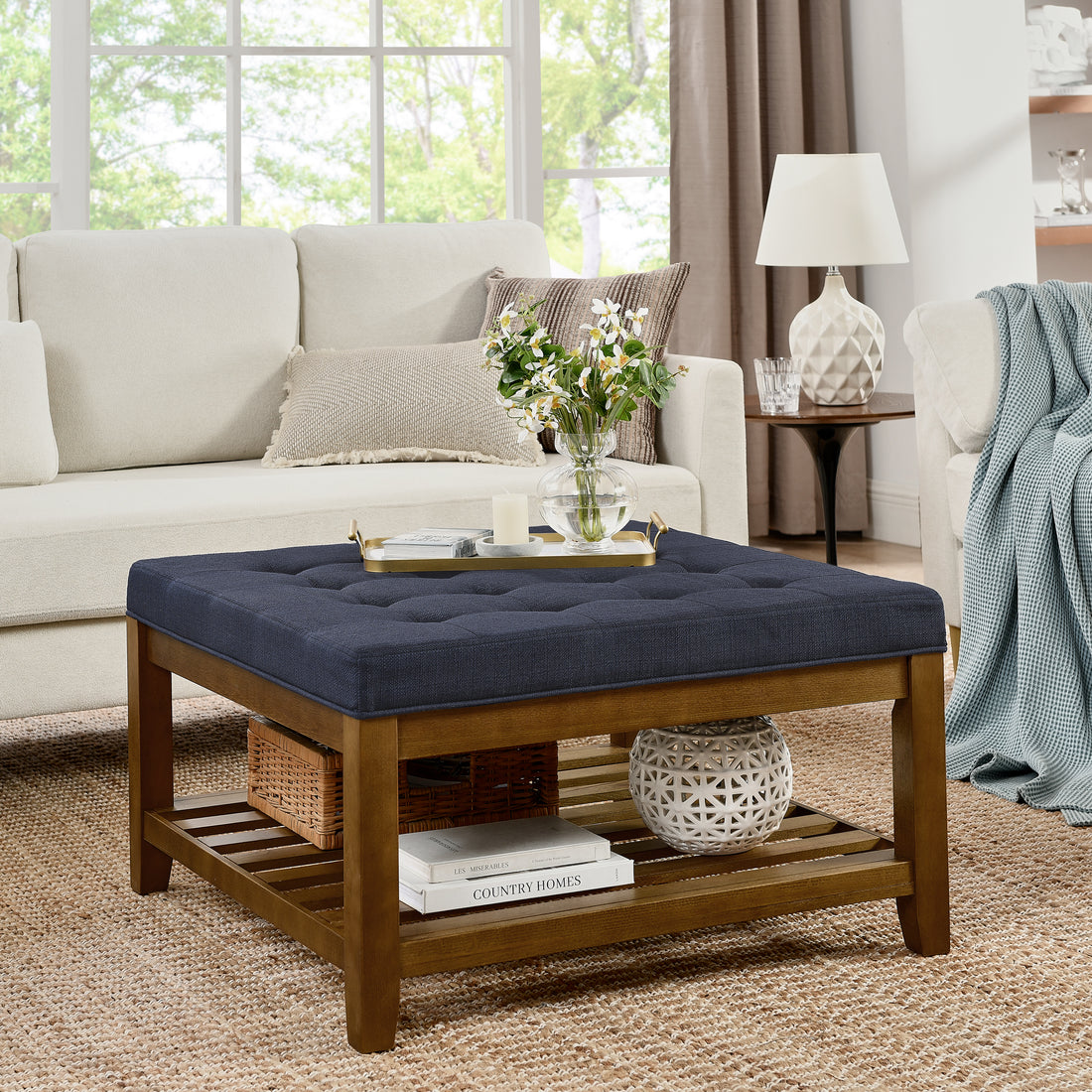 Upholstered Coffee Table Tufted Linen Large Square Ottoman With Beech Wood Shelf And Frame, Oversized Footrest Ottoman For Living Room, Navy Blue Light Brown Wood Primary Living Space Heavy Duty Beech Wood Navy Blue Linen Or Linen Blend Medium Firm