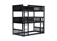 Twin Size Triple Rubber Wood Bunk Bed, With Ladders, Guardrails Detachable Bunk Bed, Twin Over Twin Over Twin,Black Twin Black Bedroom American Design Bed Frame Rubber Wood