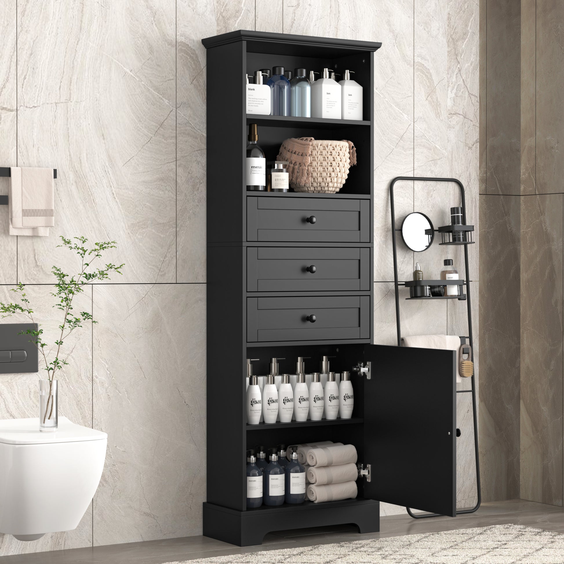 Black Tall Storage Cabinet With 3 Drawers And Adjustable Shelves For Bathroom, Study, Office And Interior, Mdf Board With Painted Finish Black Mdf