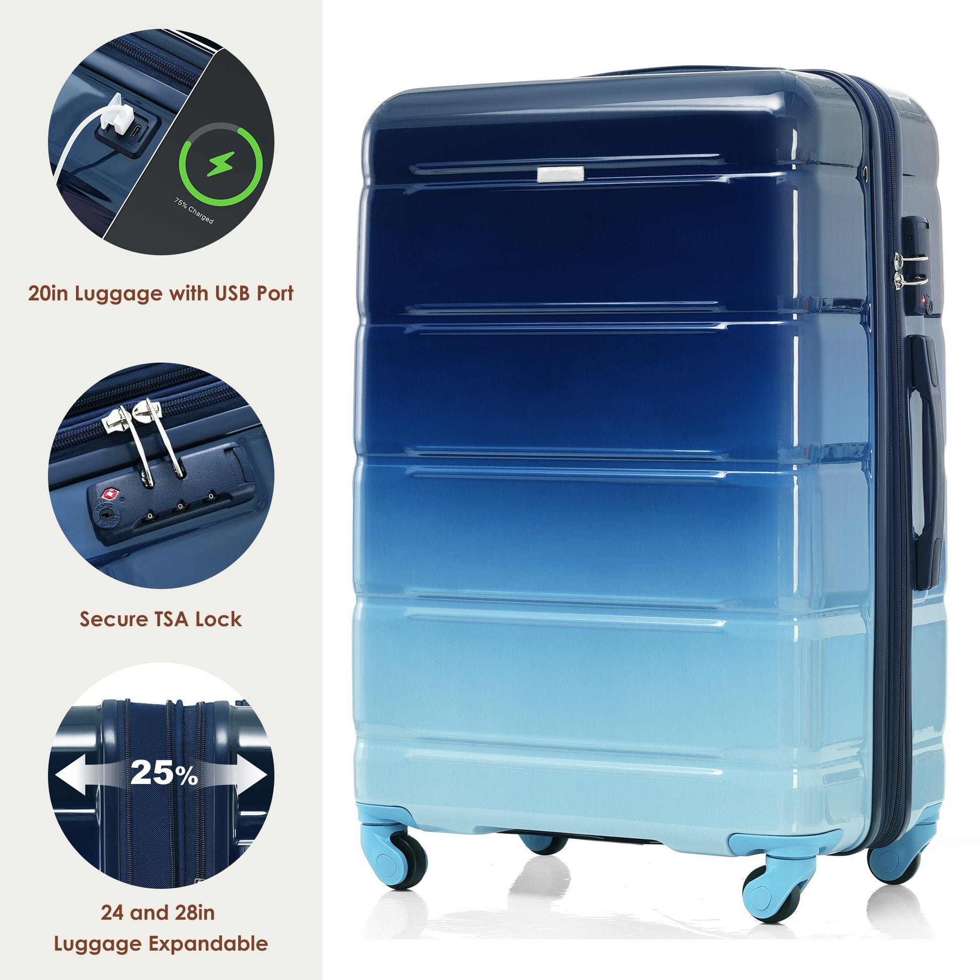 Luggage Sets 4 Piece, 20 Inch With Usb Port, Expandable Abs Durable Suitcase With Travel Bag, Cup Holder, Abs Pc Hard Shell Luggage With Spinner Wheels, Gradient Blue Blue Abs Pc