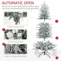 Homcom 6Ft Tall Prelit Artificial Christmas Tree Holiday D Cor With 636 Snow Flocked Branches, 250 Warm Yellow Clear Lights, Auto Open, Extra Bulb Green Plastic