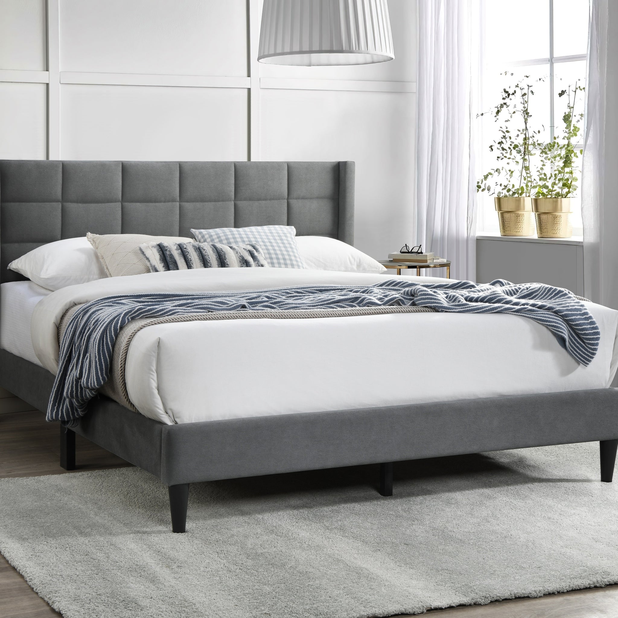 Elegant Modern Gray Brushed Linen 1Pc Queen Size Bed Upholstered Box Design Headboard Bedframe Box Spring Not Required Queen Gray Wood Bedroom Contemporary,Modern Bed Frame Linen Linen