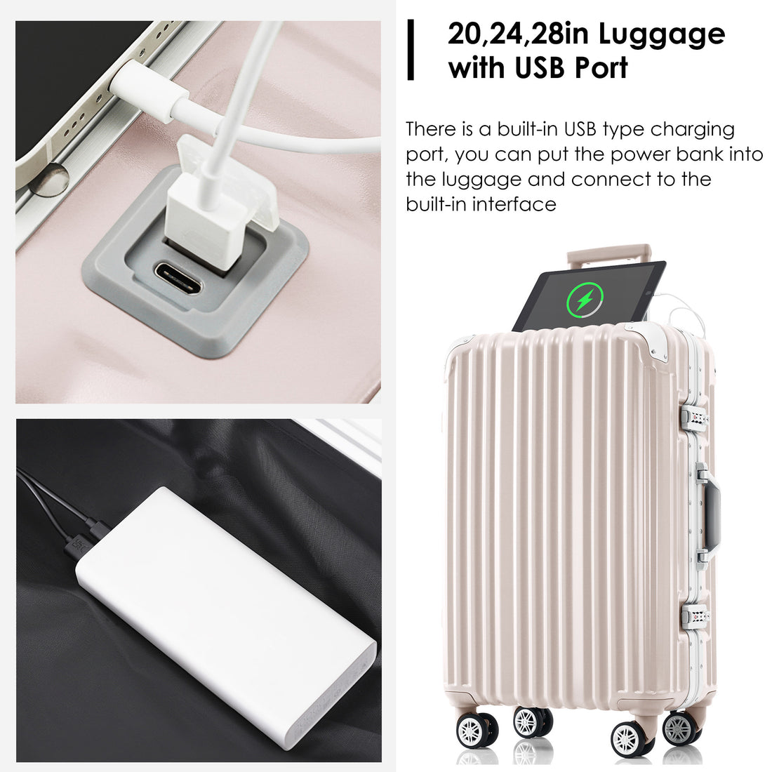 1Pc 28In Aluminum Frame Luggage With Usb Port, Vacation Carry On Suitcase With Spinner Wheels And Tsa Lock, Travel Trolley Case For Short Business Trips, Beach Holidays, Pink Pink Abs Pc