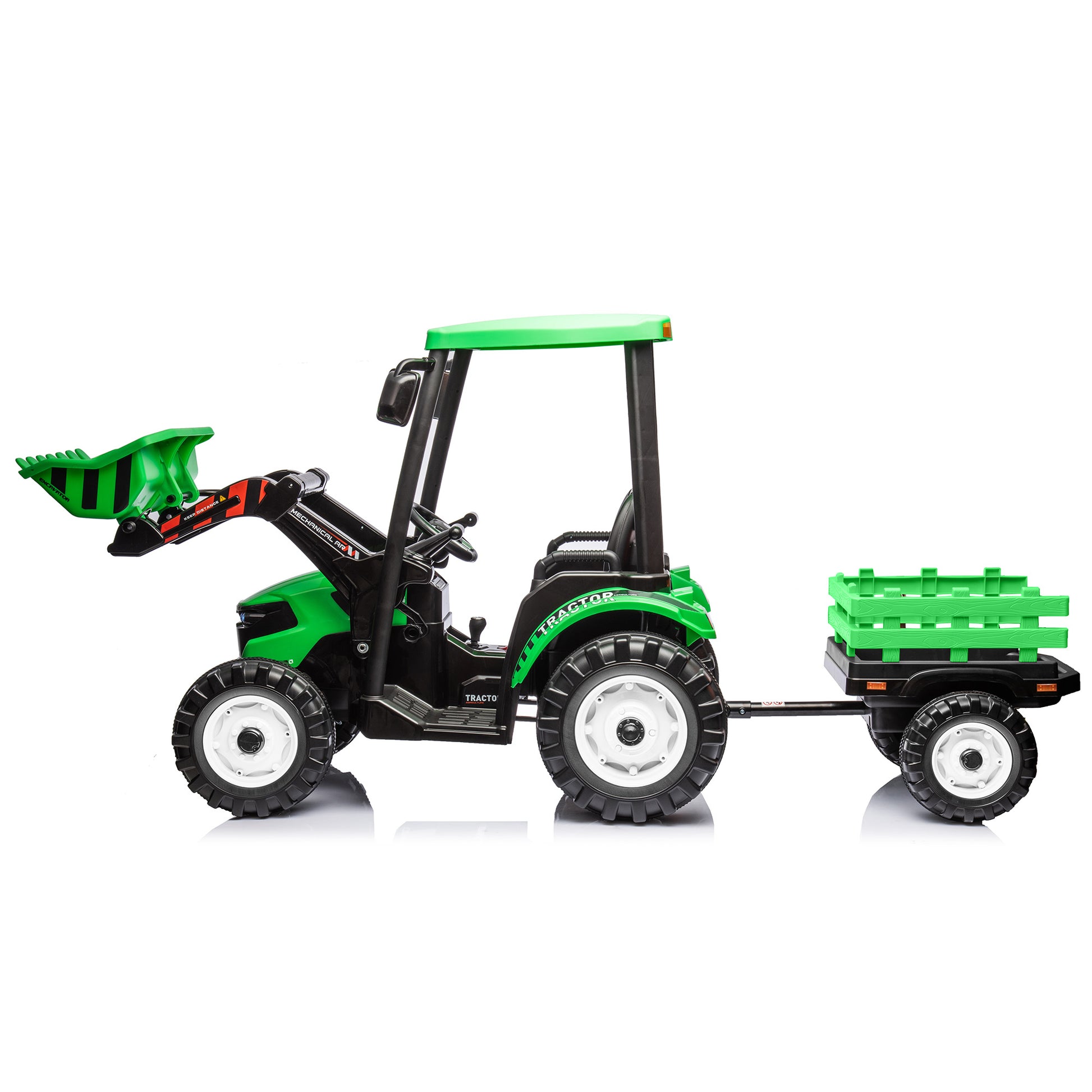 Pedal Tractors With Working Loader And Backhoe Digger, Kids' Ride On Car Toys 24V Battery Powered Electric Vehicles With Trailer, Digger For Toddlers Green Green Plastic