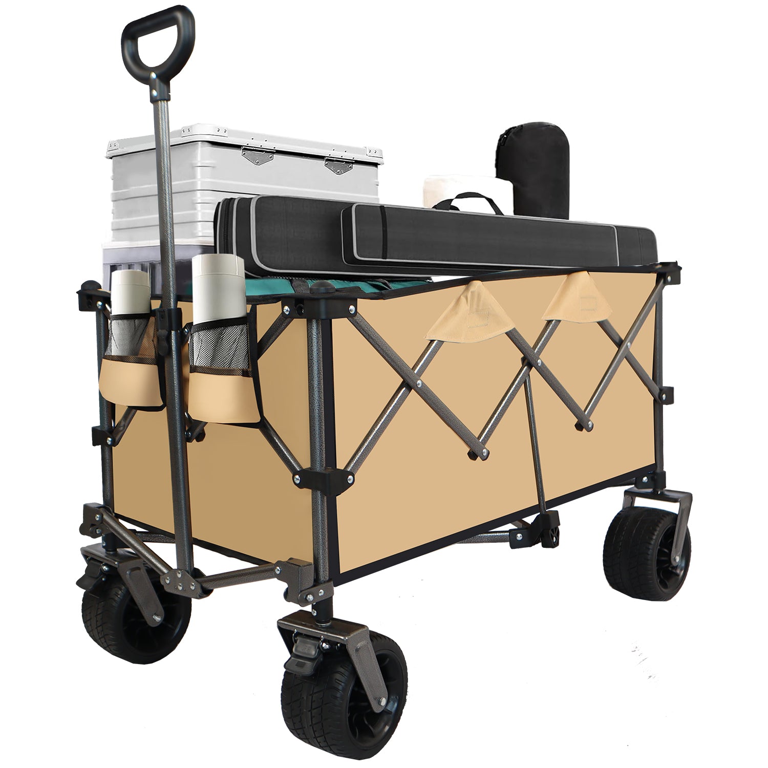 Collapsible Folding Wagon, Push Pull Foldable Beach Wagon Cart Grayish Brown Steel