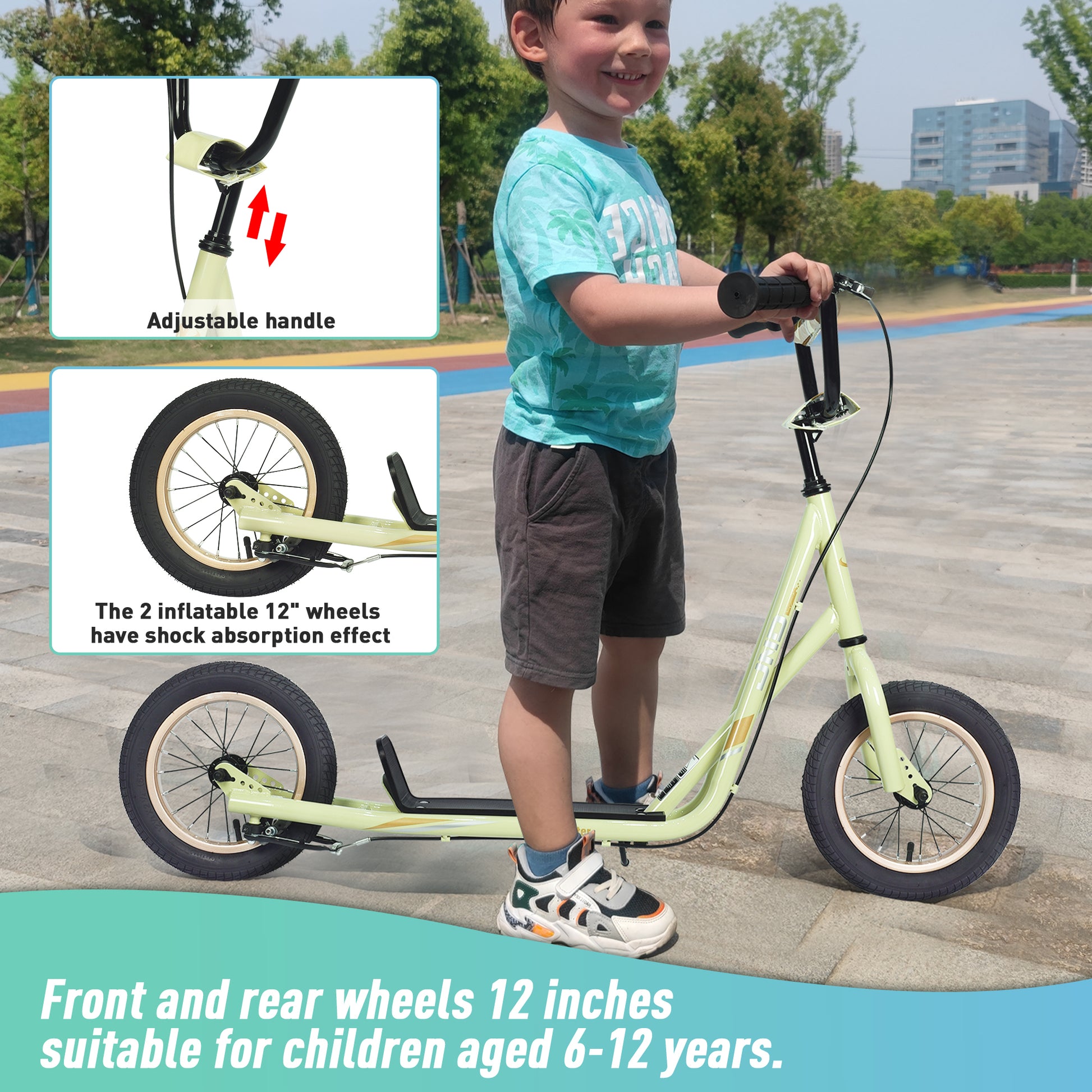 Youth Scooter Kick Scooter For Kids 6 With Adjustable Handlebar, 12 Inch Inflatable Wheels ,Widened Non Slip Footboard Cycling Light Yellow Garden & Outdoor Carbon Steel