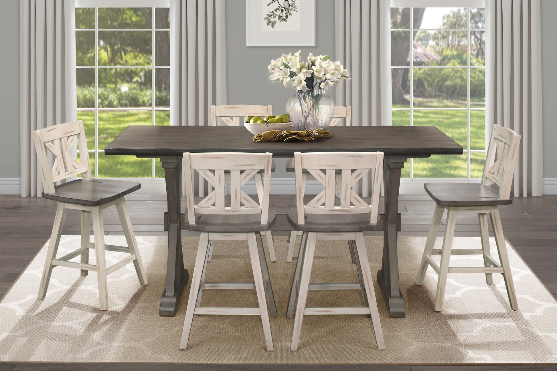 Counter Height Chairs Set Of 2, White Gray 360 Degree Swivel Chair Solid Rubberwood Kitchen Dining Furniture, Divided X Back White Gray Dining Room Rustic Solid Wood