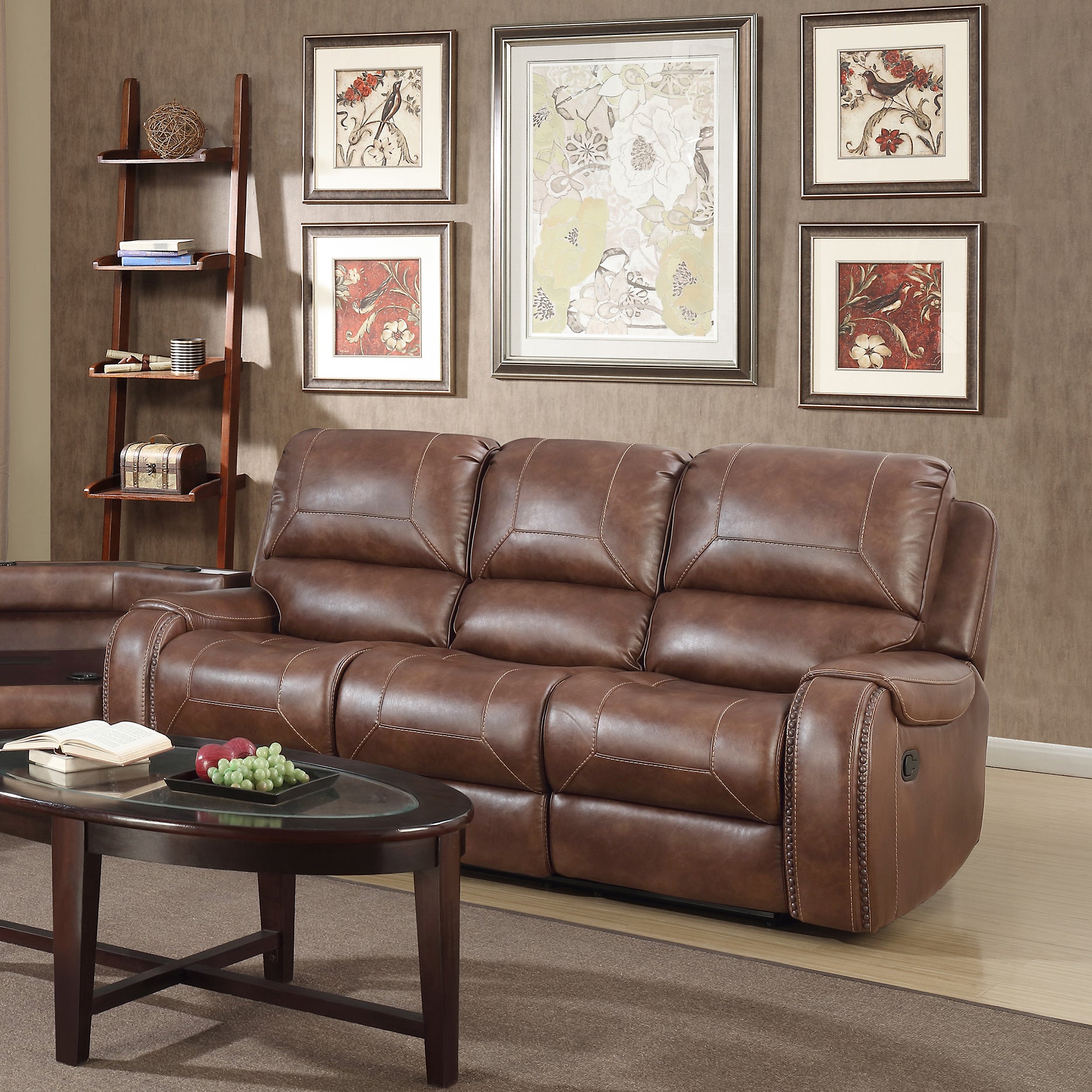 Achern Brown Leather Air Manual Reclining Sofa With Storage Console And Usb Port Brown Espresso Wood Primary Living Space Medium Firm Cushion Back Traditional Pillow Top Arms Faux Leather 3 Seat