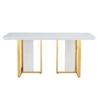 Table And Chair Set.67"X36" White Marble Pattern Mdf Dining Table Set With 6 Light Gray Pu Chairs.Mdf Sticker,White Marble Pattern Sticker,Gold C Tube Chair Legs,Suitable For Kitchen,Dining