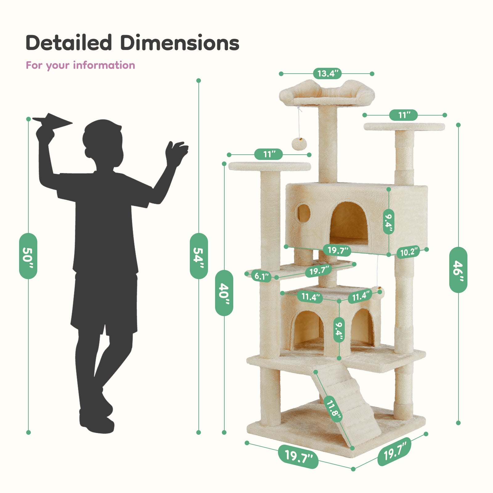 54In Cat Tree, Indoor Cat High Rise Multi Story Tower, Pet Playroom With Large Apartment, Beige Beige Cat Scratch Fabric