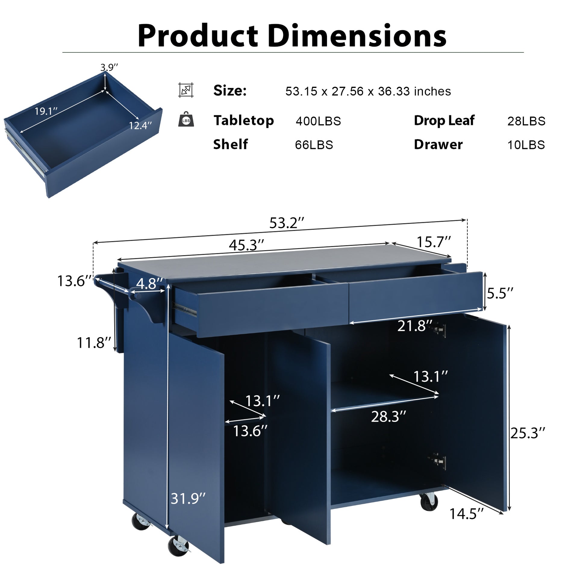 K&K 53.2'' Kitchen Island With Drop Leaf, Kitchen Storage Cart With Spice Rack, Towel Rack And 2 Drawers, Rolling Kitchen Island On Wheels With Adjustable Shelves For Kitchen, Dining Room, Navy Blue Navy Blue Brown Kitchen