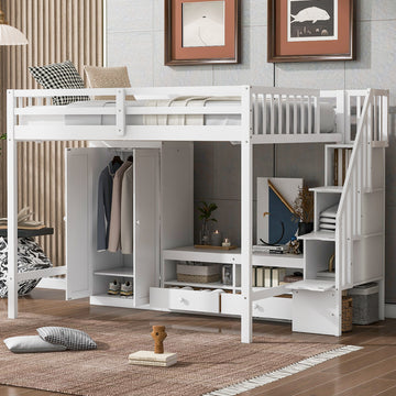 Full Size Loft Bed Frame With Wardrobe,Low Storage Table And Storage Staircase,White Gray Expected Arrival Time:10.20 White Solid Wood Mdf